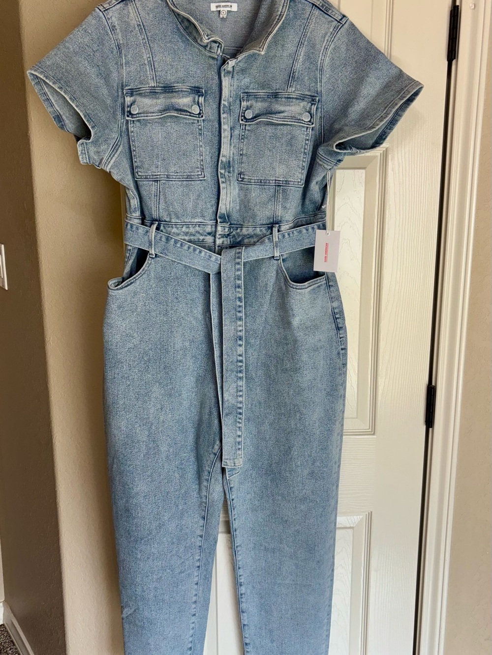 Good American Light Blue Denim Utility Jumpsuit with Belt